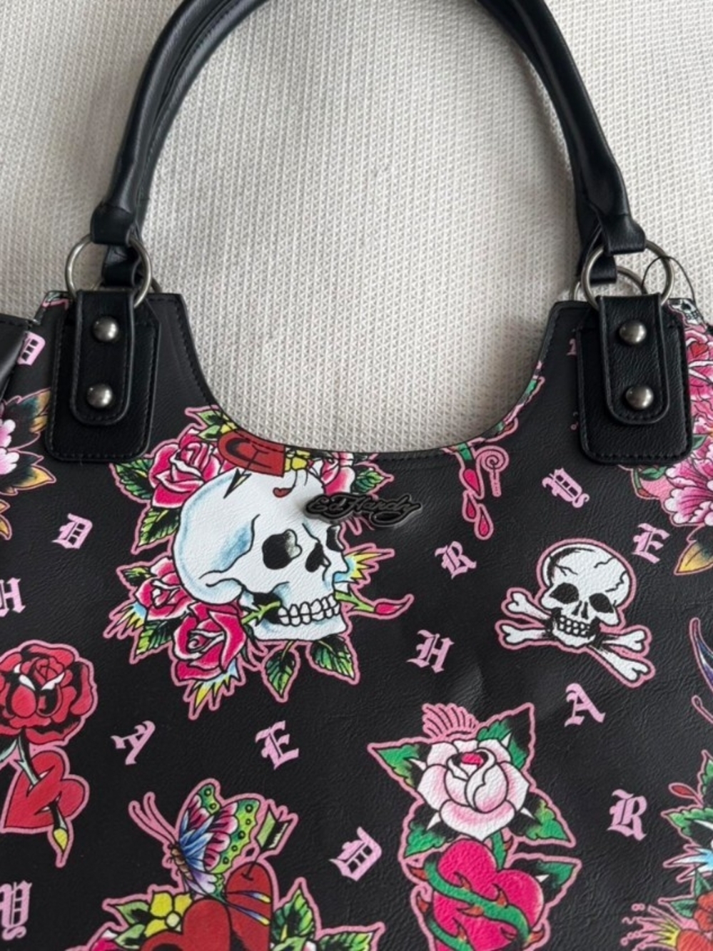 Ed Hardy Black Skull & Pink Floral Shoulder Bag